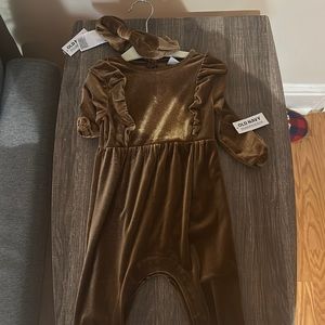 Brown velvet jumpsuit with matching bow